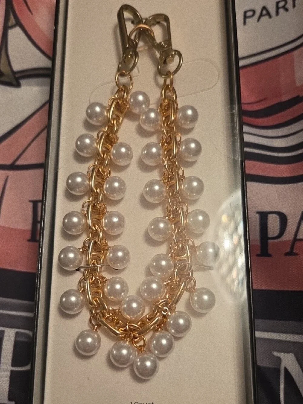 Pearl Chain Phone Wristlet - Gold and White